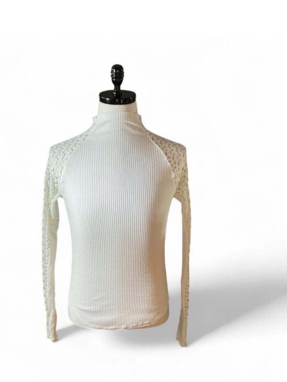 Free People White Ribbed Neck Top Crochet Lace Long Sleeve Womens L Cottagecore